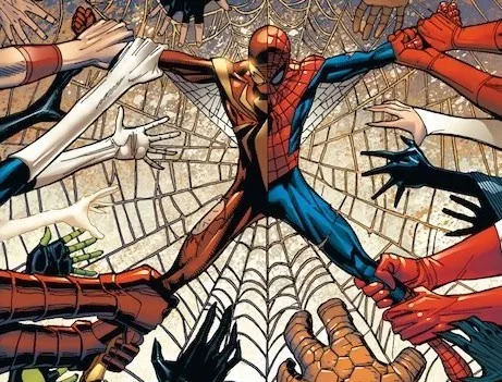 Spider-Man being pulled by superheroes from both sides, with one half of the web-slinger wearing the Iron Spider suit and the other half in his classic suit.