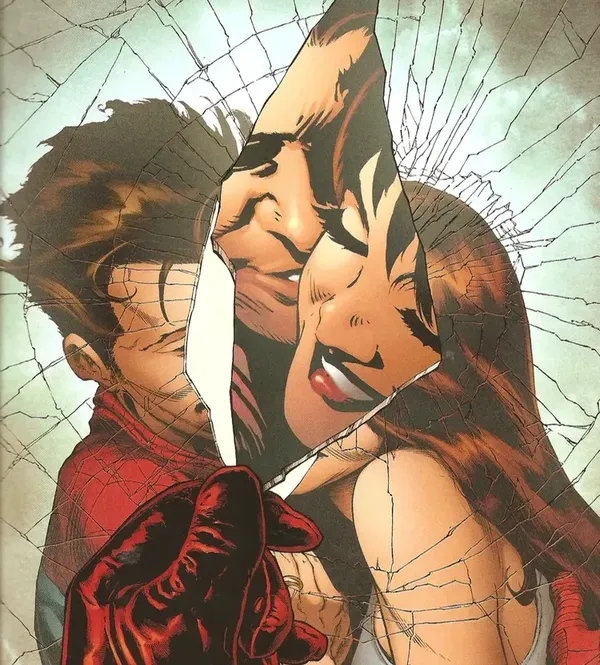 Peter and Mary Jane hugging while a hidden figure holds a broken mirror pointing toward the couple.