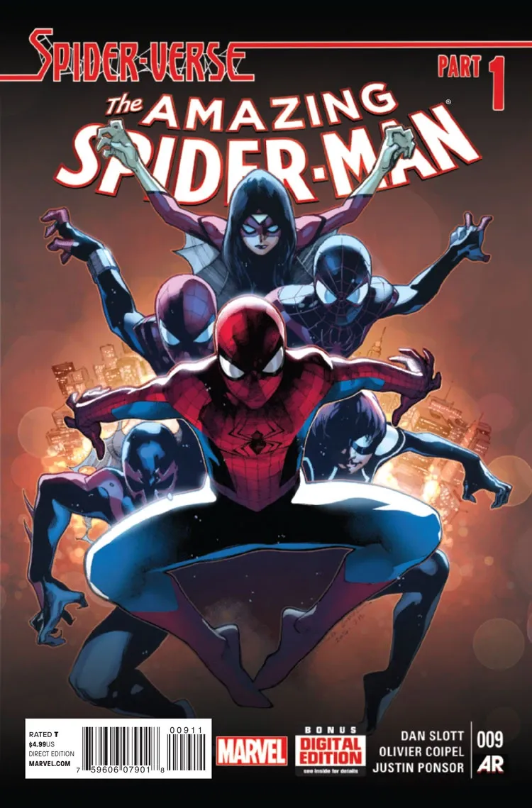 Diferentes Spider-Man balanceándose juntos hacia adelante en New York.