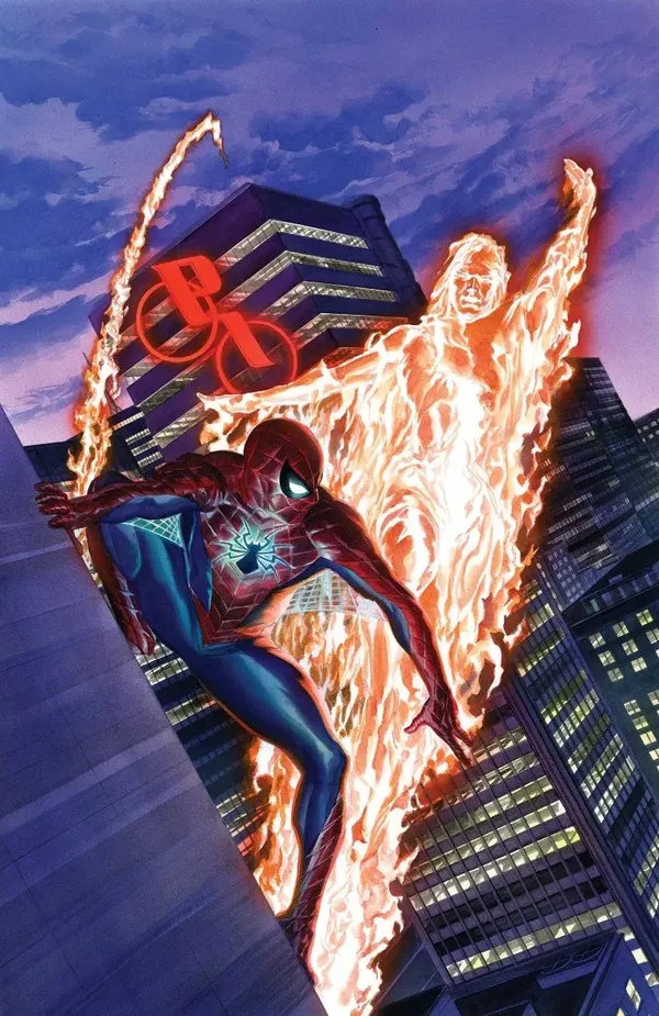 Spider-Man in a tech suit while Human Torch flies through the air, with a Parker Industries building in the background.
