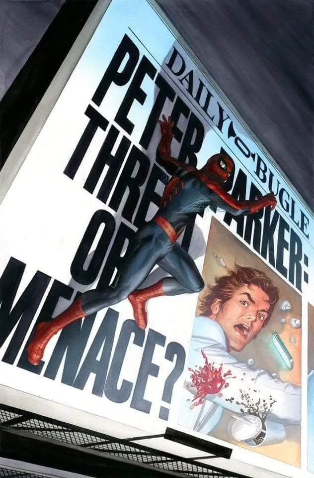 Spider-Man perched on a Daily Bugle billboard that directly criticizes Peter Parker.