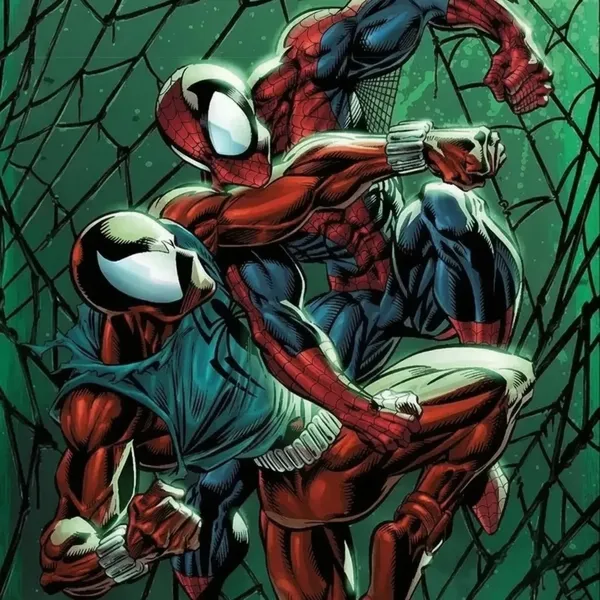 Spider-Man and Scarlet Spider throwing punches at each other.