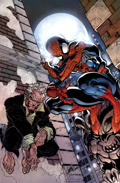 Spider-Man and Ezekiel meeting at night in New York, both clinging to buildings.